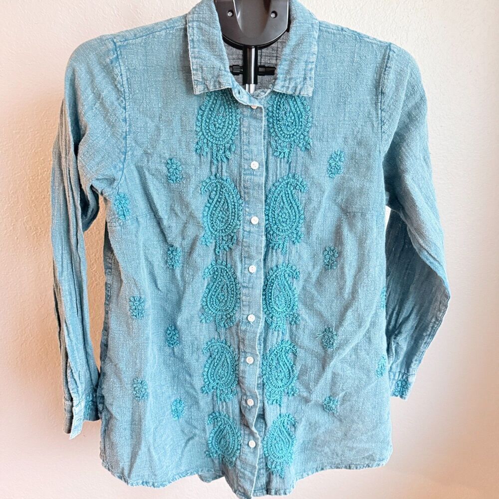 Soft Surroundings Western Paisley Embroidered Cotton Gauze Long Sleeve Shirt S